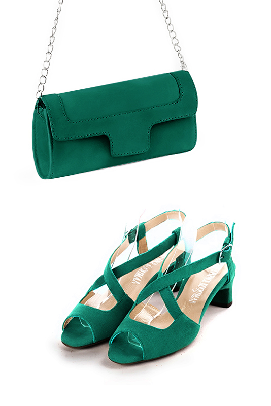 Dress clutch for wedding and parties in emerald green leather - Worn view